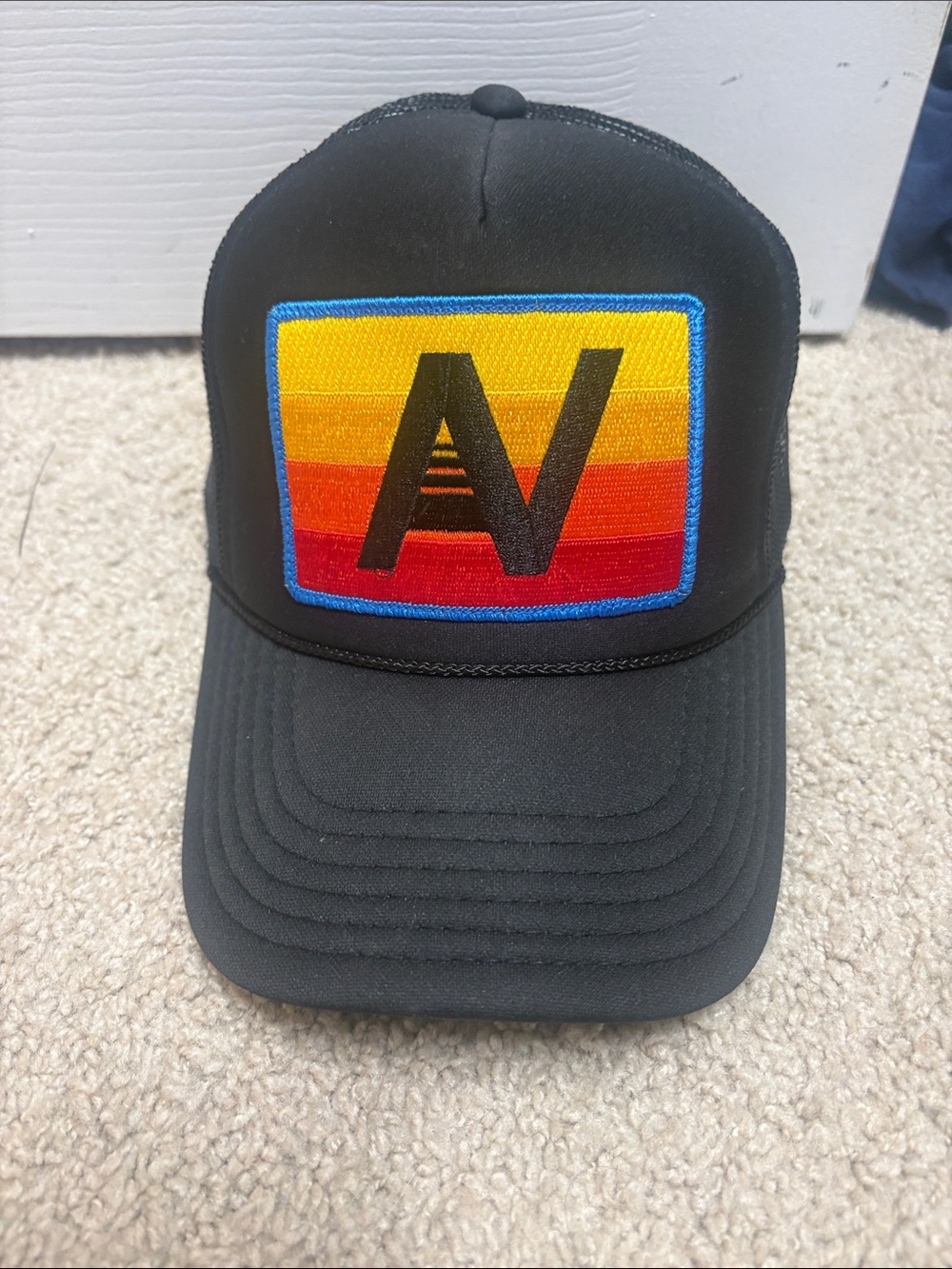 Aviator Nation Black Trucker Hat with Sunset Patch